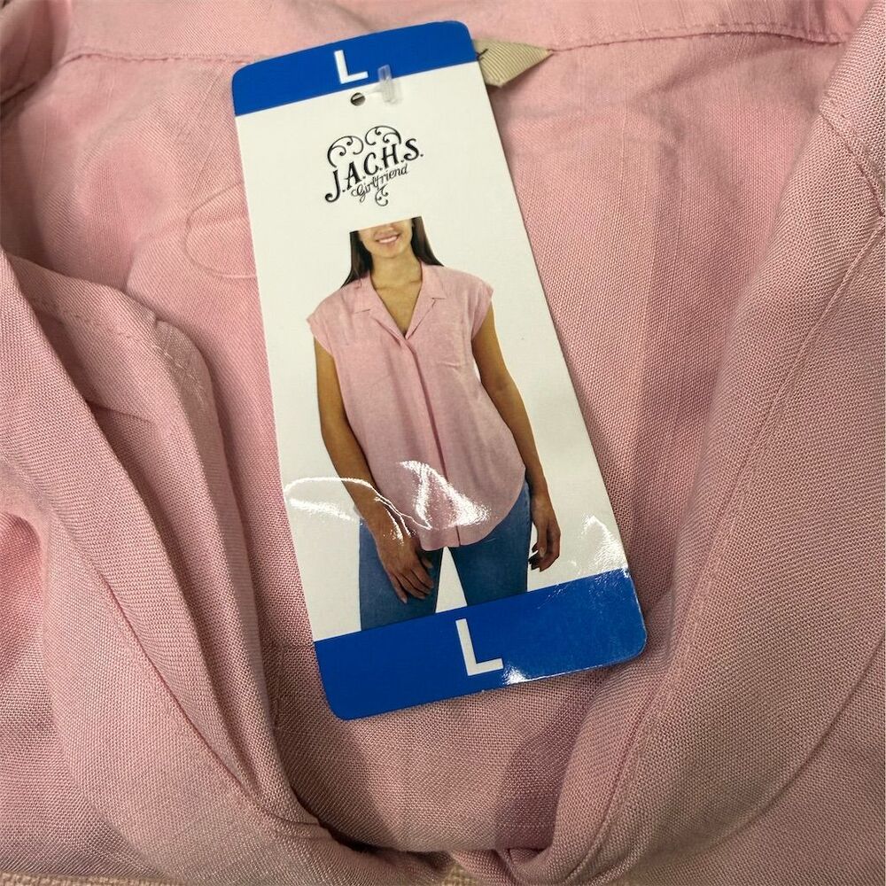2/20 jachs Girlfriend Women's Pink Short Sleeve Button Front Blouse Size L soft